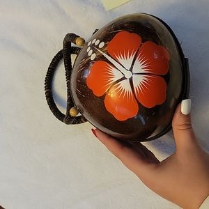 Real Coconut Shell Handbag or Coin Purse with Red Painted Flower